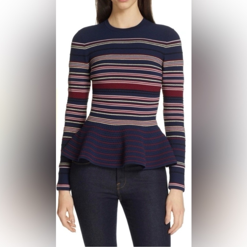 Ted Baker Navy and Burgundy Striped Leytina Peplum Top Size 0 EUC